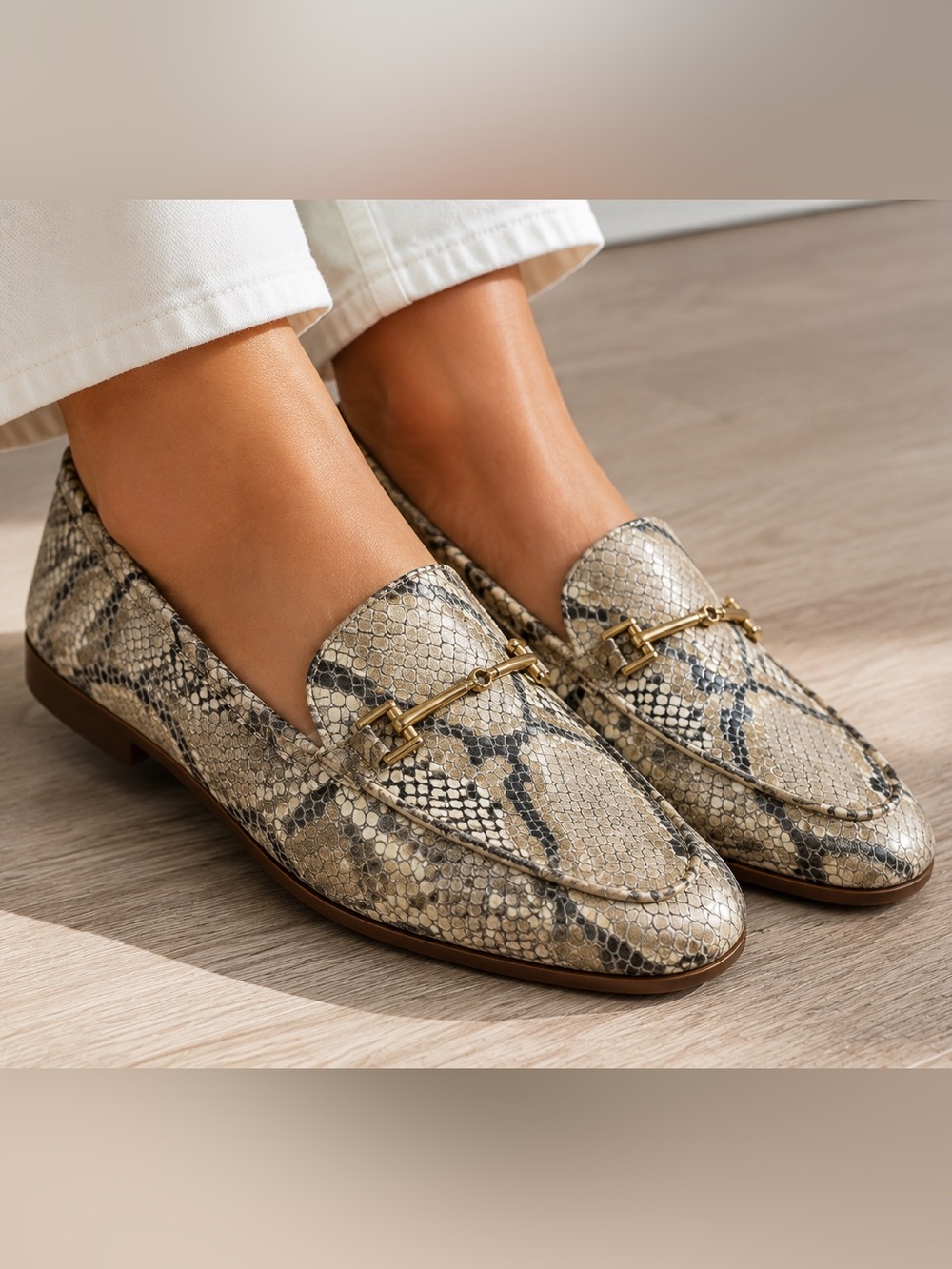 Sam Edelman Leather Loraine Gold Brass Bit Snakeskin Loafers
